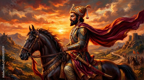 Historical depiction of the warrior king Shivaji on horseback at sunset with a dramatic sky and ancient forts