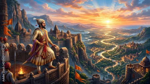Maharaja Shivaji surveys his vast kingdom from a fortress at sunrise, a historical Indian warrior king overlooking