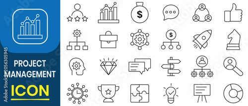 Project management icon set with editable stroke. Effective project and time management, project roadmap, schedule, milestones, workflow timeline, task progress, planning phases, marketing and more. 