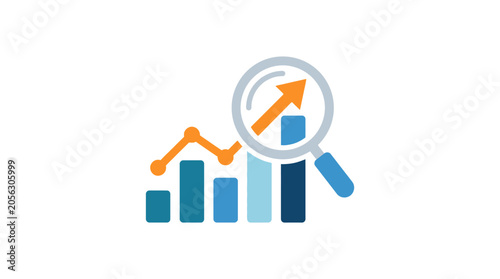 Finance Data Analytics: Magnifying Glass Over Bar Chart with Upward Trend