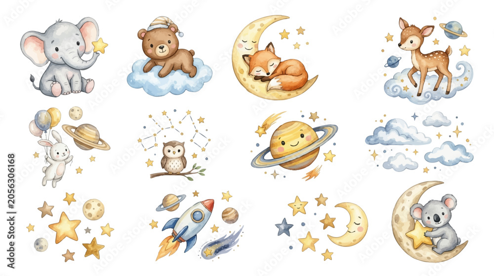 Fototapeta premium Cute space themed watercolor nursery elements with pastel animals. Collection of Vector illustrations for invitation, card, poster, banner, decoration 