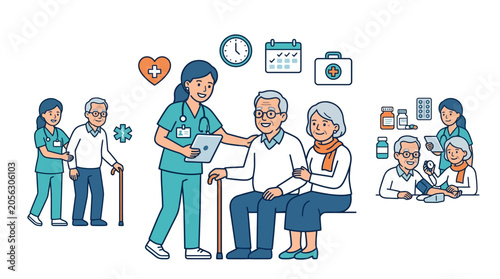 Elderly Care, Nurse Assisting Seniors, Medical Services & Health Insurance Icons