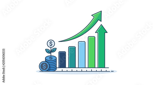 Financial Growth Chart: Growing Coins and Upward Trend Arrow