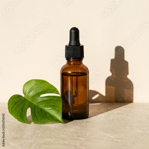 Amber Glass Dropper Bottle with 
Monstera Leaf and Natural Shadow