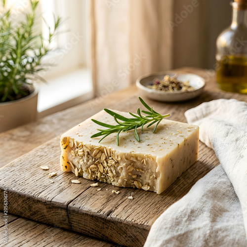 Handmade Oat and Rosemary Natural Soap Bar 
on Rustic Wooden Board