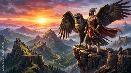 Majestic warrior Shivaji stands with a powerful eagle on a cliff overlooking a vast mountain landscape at sunset