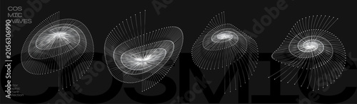 Billede på lærred Four swirling spiral cosmic wave patterns rendered in white light against a dark