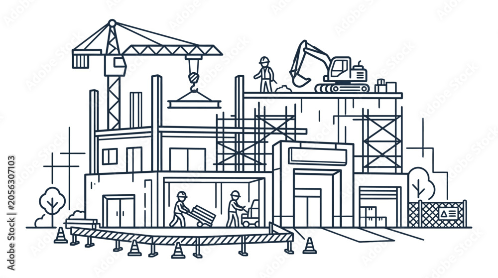 Obraz premium Construction site building project with crane, excavator and workers - line art