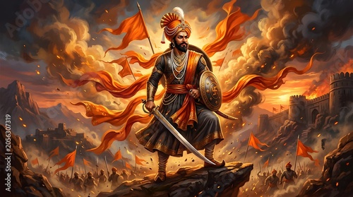 Powerful warrior king Shivaji standing on a cliff with sword and shield amidst dramatic fiery clouds and flags
