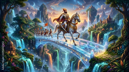 Historical warrior Shivaji rides his horse across a glowing magical bridge in a vibrant fantasy landscape