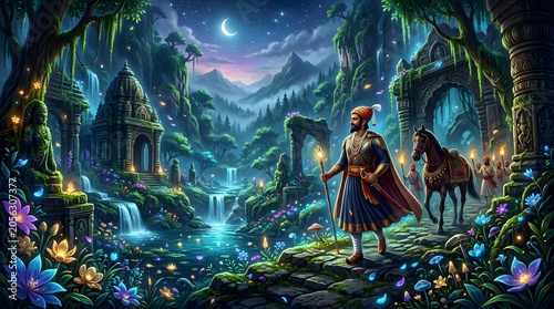Historical warrior Shivaji standing with horse in a magical enchanted forest with waterfalls and glowing flowers
