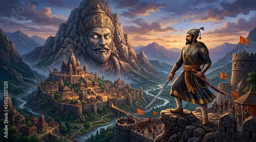 Historic warrior Shivaji surveys a majestic mountain kingdom with a colossal ancient face carved into the peak