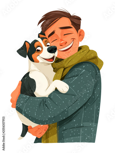 A Man hugging and smile with dog cartoon drawing illustration
