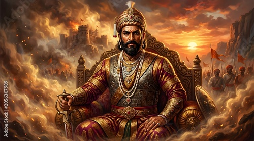 Maharaja Shivaji, the legendary Maratha warrior king, sits regally on his throne amidst a dramatic sunset and ancient
