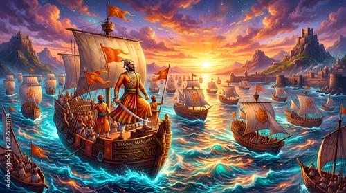 Historical depiction of Shivaji Maharaj leading a grand naval fleet across a vibrant ocean at sunset with majestic