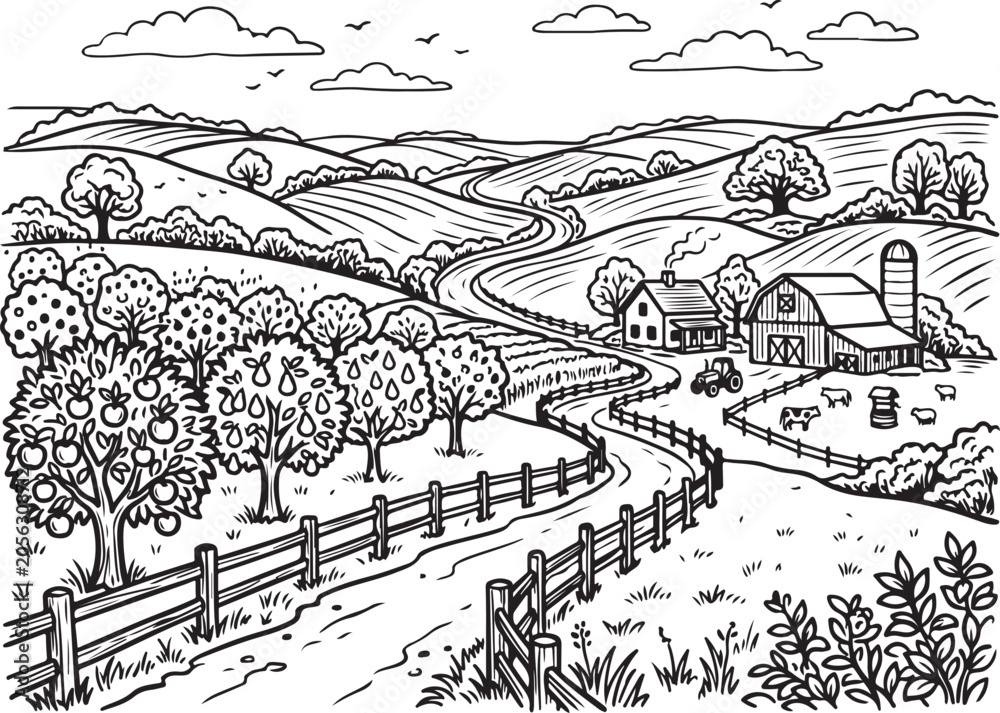 Fototapeta premium Rural landscape, countryside scenery, farm illustration, vector countryside