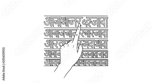 Hand pointing to ancient script text.