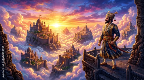 Historical warrior Shivaji surveys a majestic kingdom of forts floating in the clouds at sunrise