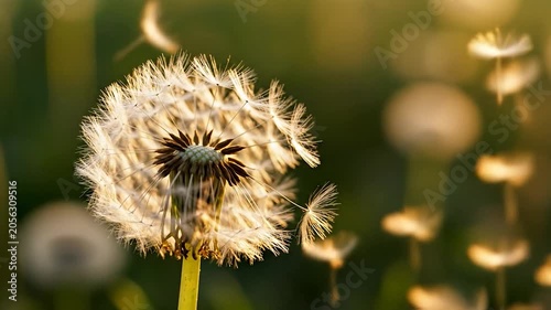 Dandelion seed head with seeds blowing in the wind during golden hour sunset