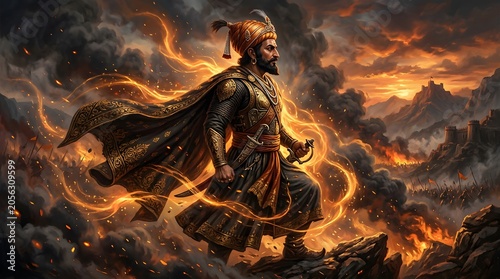 Historical depiction of the warrior king Shivaji standing powerfully amidst a dramatic fiery sky and smoke, embodying