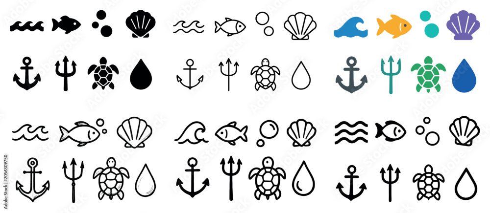 Fototapeta premium Sea icons with anchor turtle shell minimal