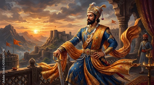 Maharaja Shivaji stands proudly on a balcony overlooking a majestic mountain fortress at sunset, embodying Indian