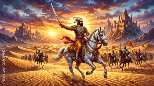 Historical warrior Shivaji Maharaj on horseback leads his army through a desert landscape at sunset with dramatic