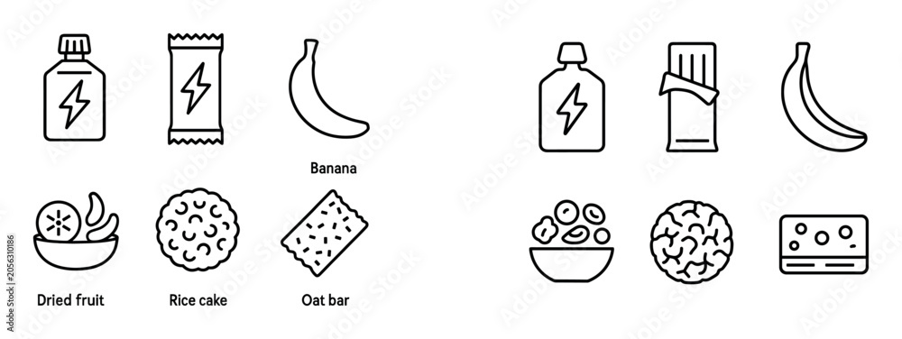 Fototapeta premium Snack icons with bottle banana bar outline