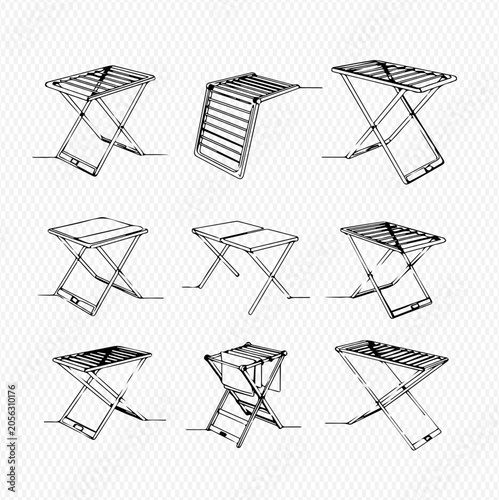 Bild auf Leinwand Set of hand-drawn laundry drying racks in various positions, black and white sketch style on a transparent background