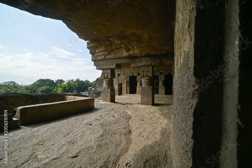 Hand carved pillars supporting stone ceiling at Ellora caves. UNESCO world heritage site, Aurangabad, Maharashtra, India.