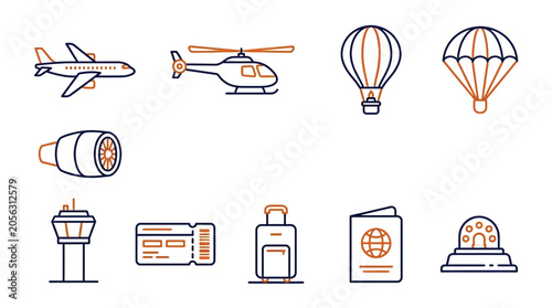 Obraz na plátně Collection of transportation and travel icons including airplane, helicopter, hot air balloon, and airport elements