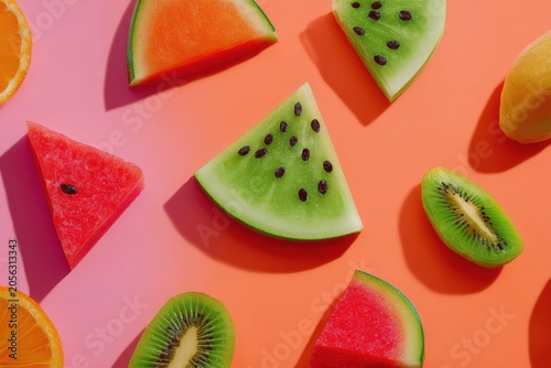 Vibrant Fruit Slices Arranged in a Geometric Pattern on a Colorful Gradient Background