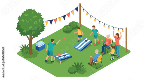 Family Game Day Isometric Backyard Cornhole Party Illustration for Outdoor Fun