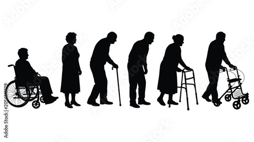 Detailed black vector illustration showing a collection of elderly people using various mobility walking aids