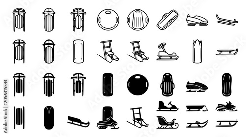 Bild auf Leinwand Winter sled sleigh and snowmobile outline and glyph icons set for snow activitie