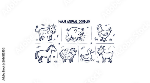 Hand drawn farm animal doodle set cow pig horse sheep duck goat