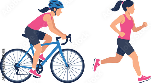 Active woman flat illustration set engaging in outdoor sports running and riding a bicycle wearing helmet for triathlete training