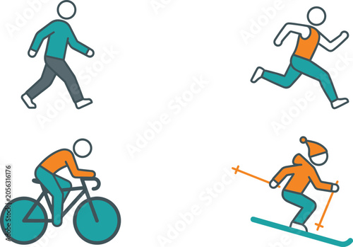 Active stick figures performing different outdoor sports and fitness activities including walking running cycling and skiing on light blue background