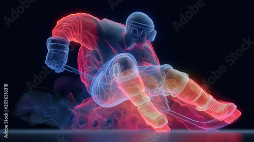 Glowing neon silhouette of ice hockey player hitting puck with stick on dark background