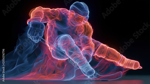 Glowing neon silhouette of ice hockey player hitting puck with stick on dark background