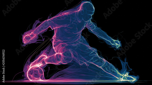Glowing neon silhouette of soccer player kicking ball with powerful shot on black background