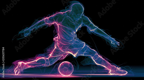 Glowing neon silhouette of soccer player kicking ball with powerful shot on black background