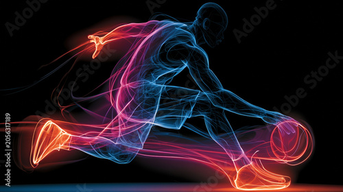 Glowing neon silhouette of basketball player running and dribbling ball on black background