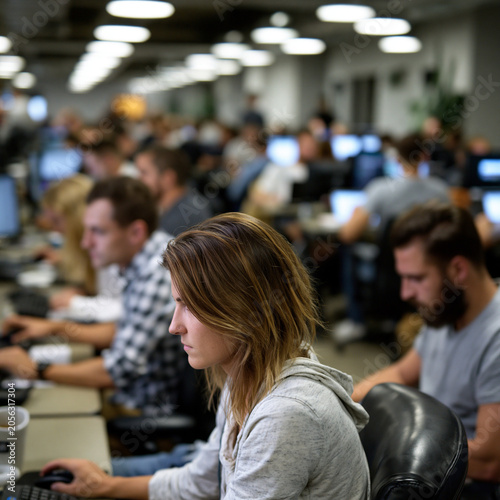 Employees working at computers in a busy open-plan office. Modern workplace environment with focus, teamwork, and daily business operations.
