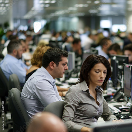 Employees working at computers in a busy open-plan office. Modern workplace environment with focus, teamwork, and daily business operations.