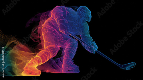 Colorful rainbow neon silhouette of ice hockey player shooting puck on black background