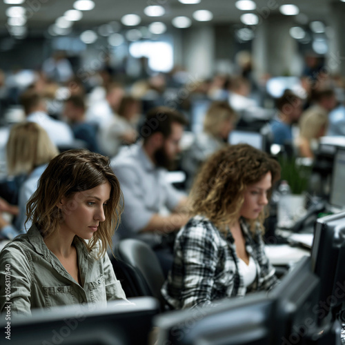 Employees working at computers in a busy open-plan office. Modern workplace environment with focus, teamwork, and daily business operations.