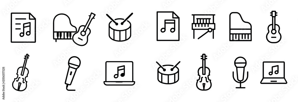 Naklejka premium Music icons with guitar and piano thin outline