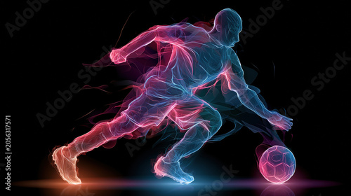 Glowing neon silhouette of soccer player dribbling ball in dynamic pose on black background