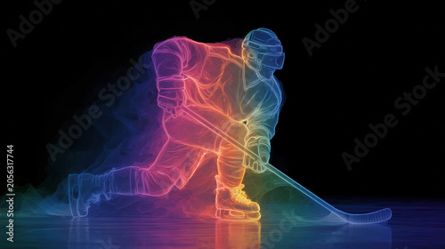 Colorful neon silhouette of ice hockey player in low skating pose on dark background